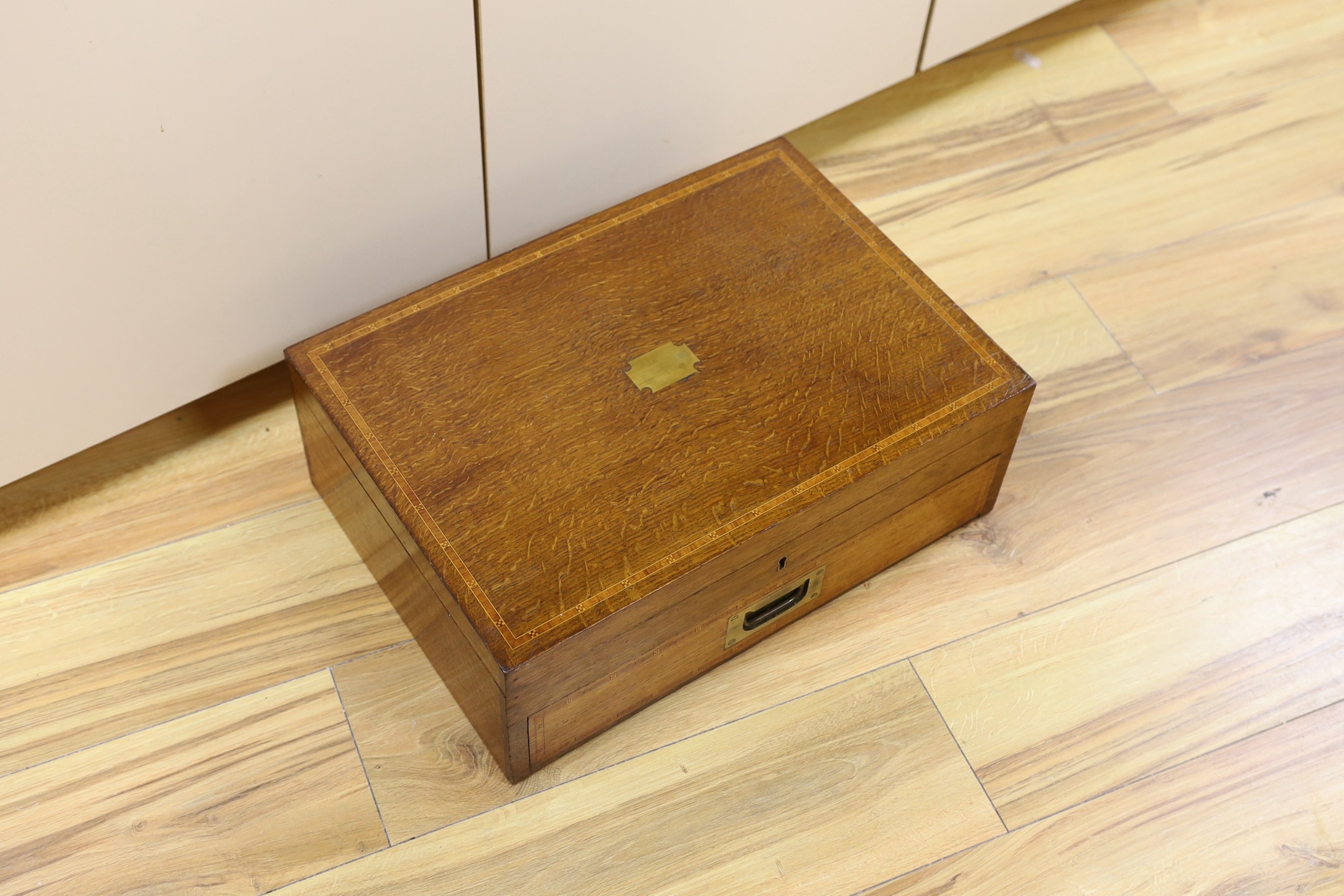 An inlaid oak canteen case, without contents, 48cm